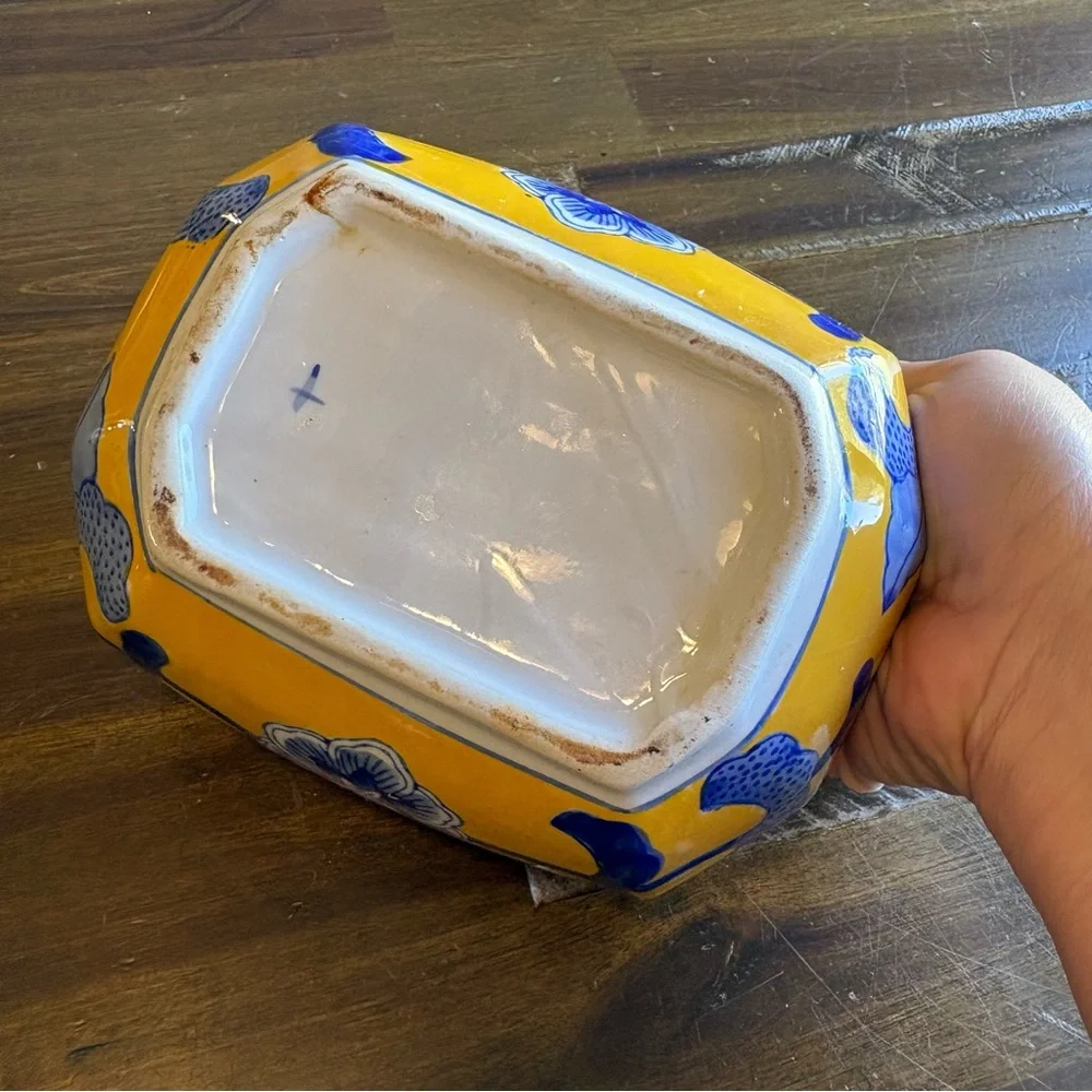 Vintage Blue Yellow Chinese Ceramic Box Jewelry Catchall Lid Trinket Lidded Bowl - Picture 5 of 11